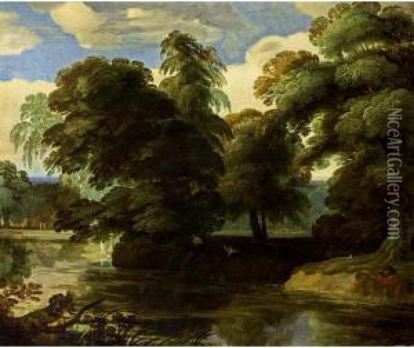 A Wooded Landscape With A Sportsman Shooting Ducks Near A Stream Oil Painting - Lodewijk De Vadder