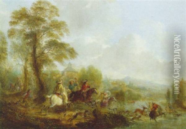 Stag Hunting In An Extensive River Landscape Oil Painting - Henry Andrews