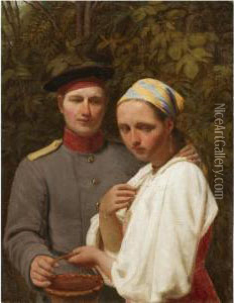 Soldier And Peasant Girl Oil Painting - Alexej Gavrilovitj Venetsianov