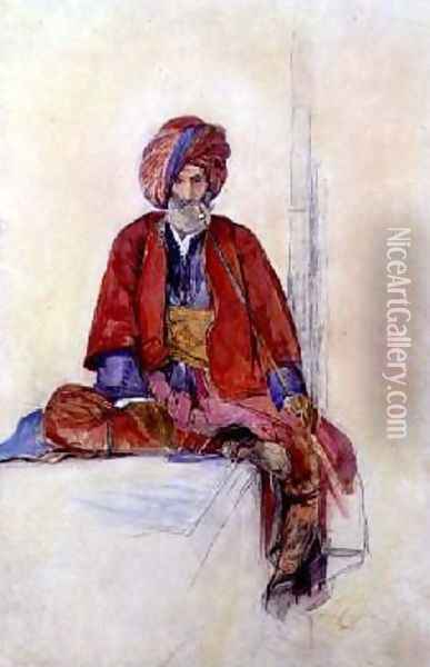 Study of a seated Turk smoking a long pipe Oil Painting - John Frederick Lewis