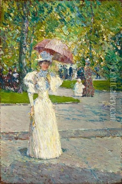 Woman With A Parasol In Park Oil Painting - Childe Hassam