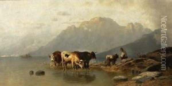 Hirte Mit Kuhen Am Ufer Eines
 Gebirgssees. Oil Painting - Christian Friedrich Mali