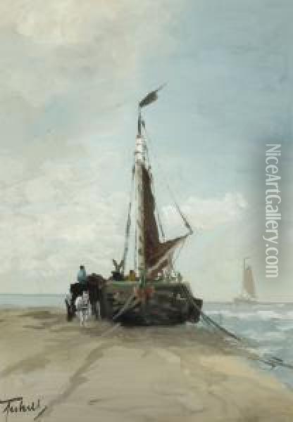 Flatboats On The Beach Oil Painting - Adriaan Christian W. Terhell