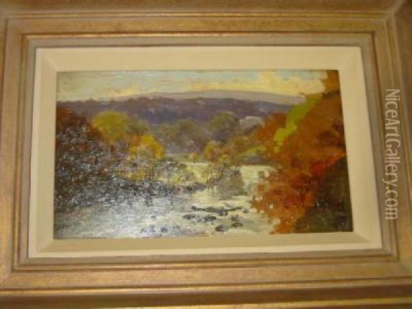 The Wharfe At Barden Tower, Unsigned On Board Oil Painting - William Henry James Boot