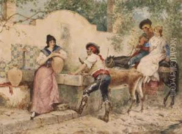 Flirtation By The Well Oil Painting - Ramon Tusquets y Maignon
