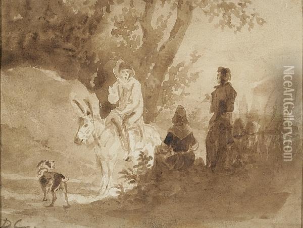 Figure On A Path With A Man On A Donkey Oil Painting - Alexandre Gabriel Decamps