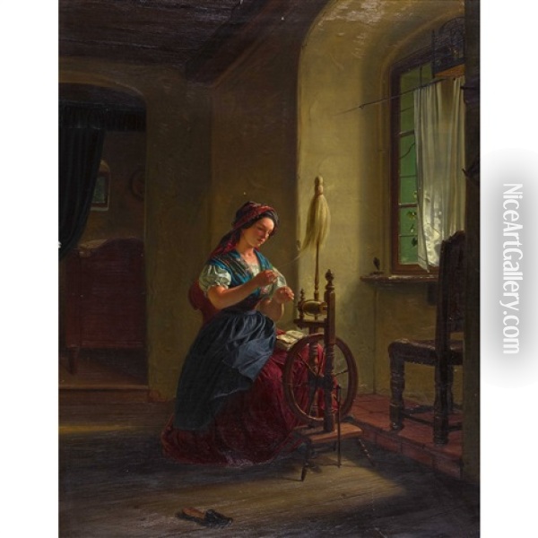 Interieur Mit Einer Frau Am Spinnrad Oil Painting - Anton Dvorak