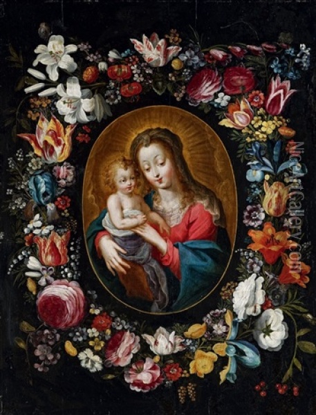 Marlier_philipp Madonna Mit Kind In Einem Blutenkranz Oil Painting - Philippe de Marlier