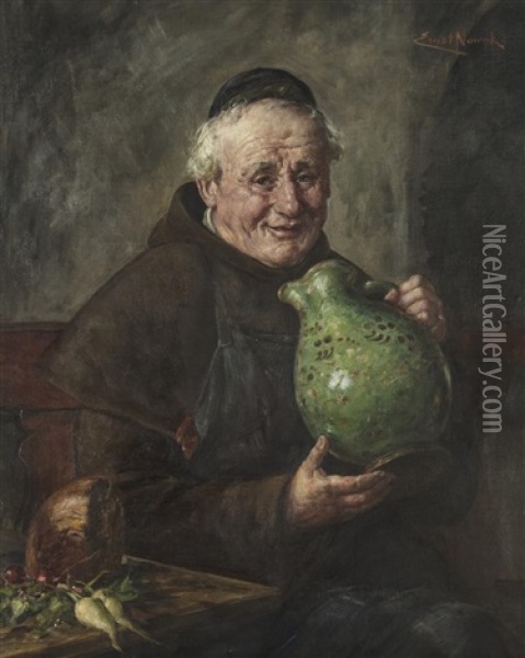 A Monk With A Beer Jug Oil Painting - Ernst Nowak