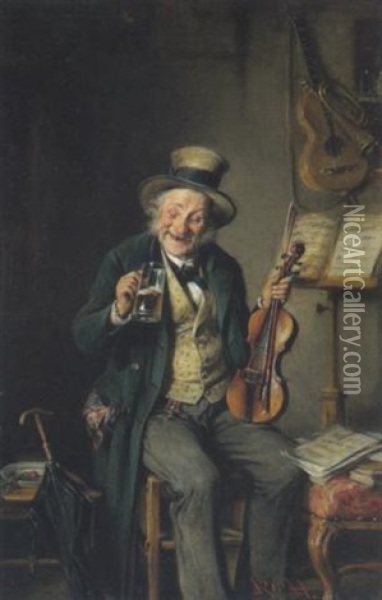 Der Durstige Geigenspieler Oil Painting - Hermann Kern