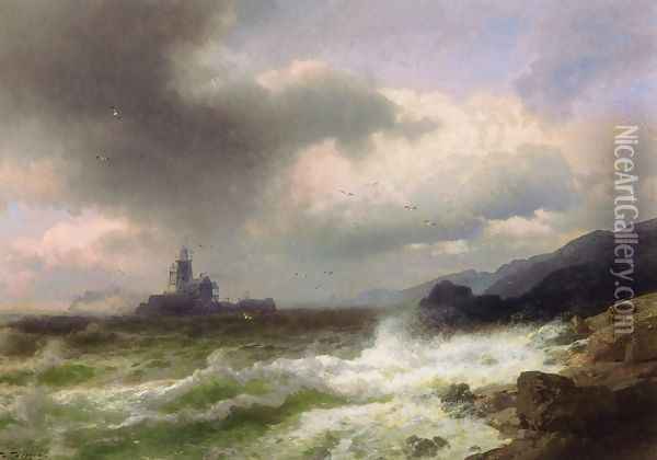 Saddle Rock Lighthouse, Maine Oil Painting - Herman Herzog