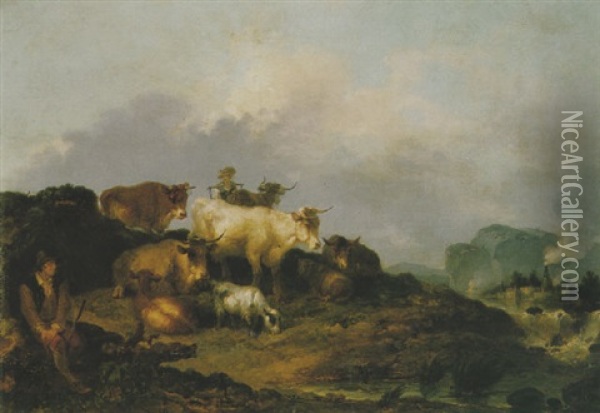 A Milkmaid And Cowherd With Cattle, With A Village Beyond Oil Painting - Philip James de Loutherbourg