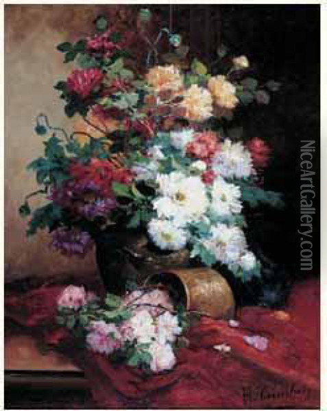 Roses Et Dahlias Oil Painting - Eugene Henri Cauchois