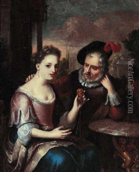 An Elderly Man With A Young Lady Holding A Pendant Oil Painting - Carel de Moor