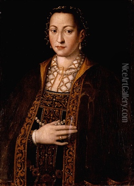 Portrait Of Eleanora Of Toledo, Grand Duchess Of Tuscany, In A Richly Embroidered And Bejewelled Dress Oil Painting -  Bronzino
