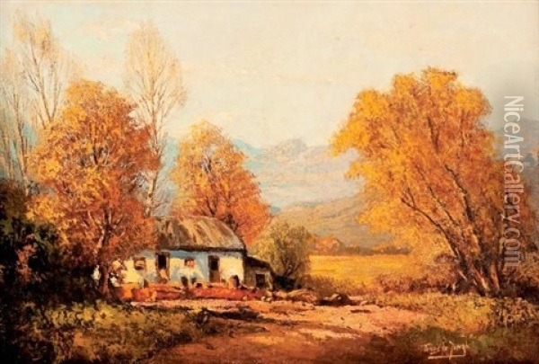 Thatched Cottage In A Mountainous Landscape Oil Painting - Tinus de Jongh