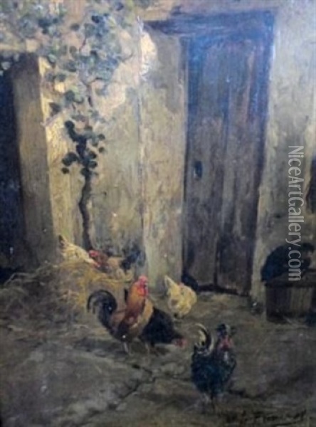 La Basse Cour Oil Painting - Joseph B.B. Faverot