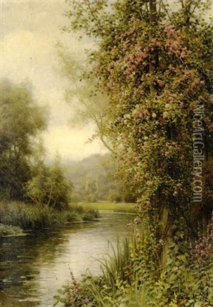 A Flowering Vine Along A Winding Stream With A Country Church Beyond Oil Painting - Louis Aston Knight
