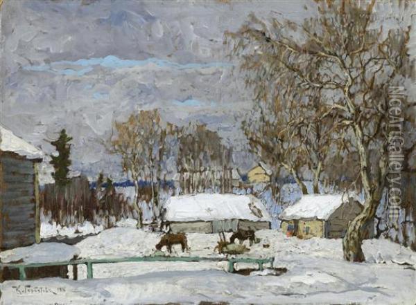 Winter Landscape With Horses Oil Painting - Konstantin Ivanovich Gorbatov