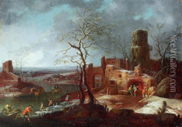 Weite Winterlandschaft Mit Ruinen Und Vielen Figuren Oil Painting - Karl Joseph Aigen