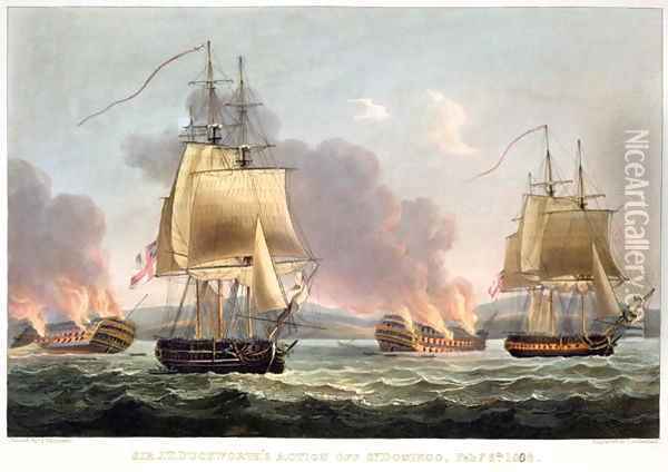 J T Duckworth's Action off St Doming 1816 Oil Painting - Thomas Whitcombe