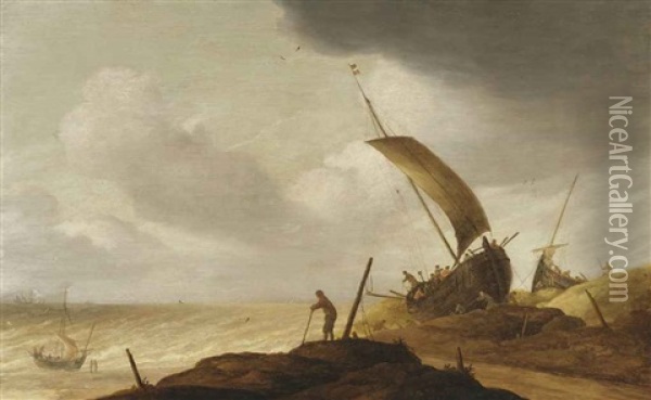 Fishermen Prepairing Their Vessels In The Dunes, A Man In The Foreground Overlooking The Sea Oil Painting - Pieter Mulier the Elder