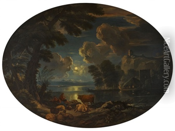 Moonlit River Landscape With A Shepherd And His Flock Oil Painting - Pieter Mulier the Younger