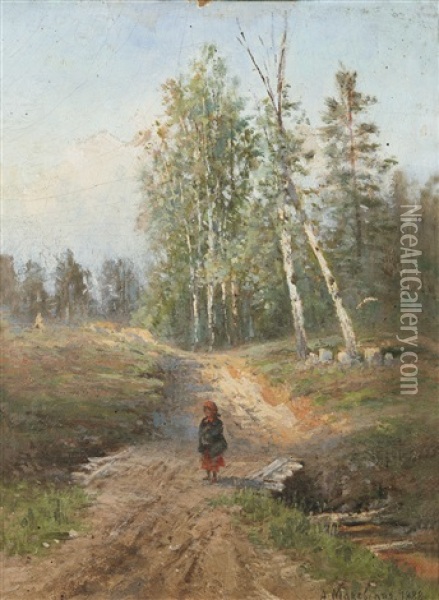 A Girl On A Country Lane Oil Painting - Aleksandra Egorovna Makovskaya