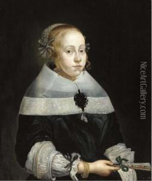 Portrait Of A Young Lady, Bust-length, In A Black Dress With A Fanin Her Hand Oil Painting - Jan Albertz. Rotius