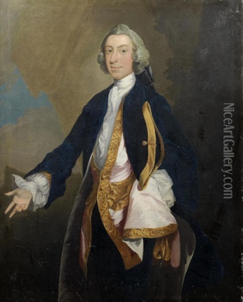 Portrait Of A Gentleman, Three-quarter-length, In A Blue Coat, With A Tricorn Hat Oil Painting - Joseph Highmore