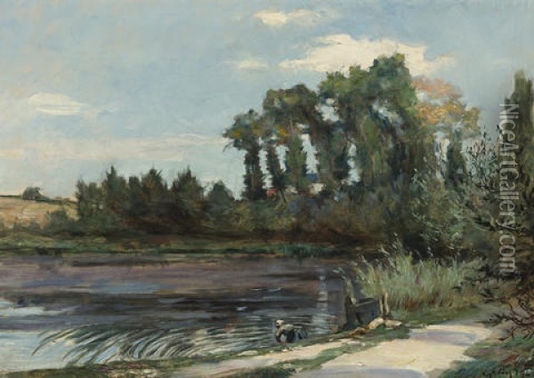A River Landscape With A Washerwoman On The Bank Oil Painting - Maurice Grun