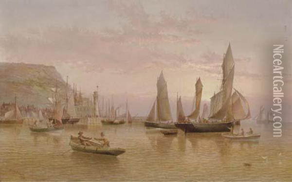Fishing Boats In A Harbor Calm Oil Painting - Henry Redmore