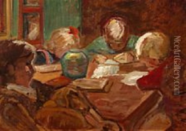 Interior With Reading Children Around The Table Oil Painting - Ludvig Find
