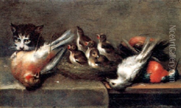 Cat Near A Bird's Nest Oil Painting - Johann Adalbert Angermayer