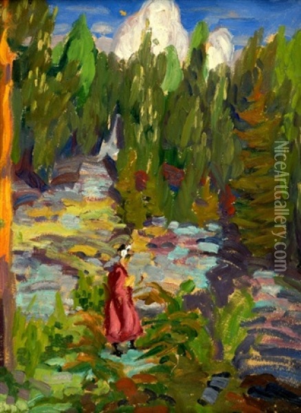 Landscape With Red Figure Oil Painting - Aleksanders Straels
