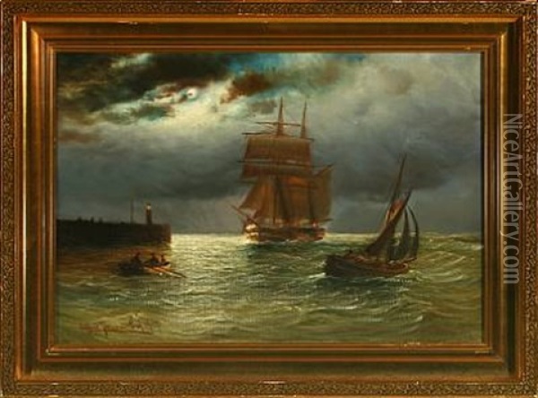 Seascape With Sailing Ship And Rowing Boat In The Moonlight Oil Painting - Alfred Serenius Jensen