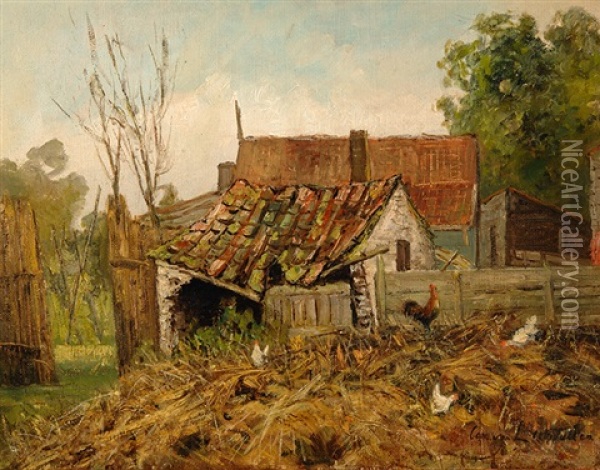 Chickens By A Farm Oil Painting - Cornelis van Leemputten