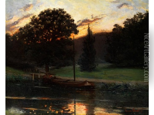 Kahn In Ruhigem Kanalwasser Vor Baumlandschaft Bei Sonnenuntergang Oil Painting - Luis Paret Y Alcazar