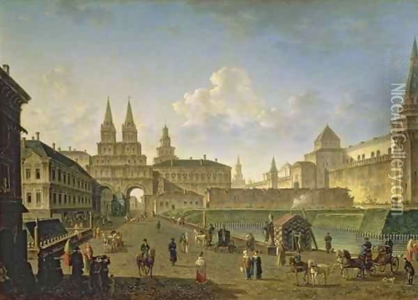 View of the Voskresensky and Nikolsky Gates and the Neglinny Bridge from Tverskay Street in Moscow Oil Painting - Fedor Yakovlevich Alekseev