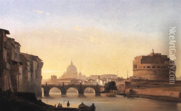 A View Of Rome, With The Castel Sant'angelo Oil Painting - Ippolito Caffi