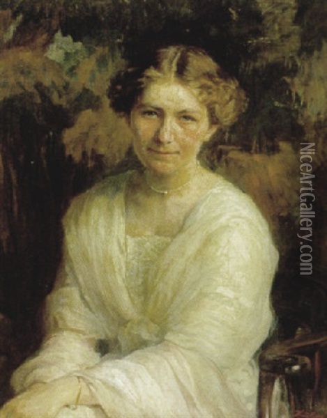 Portraet Af Kvinde I Lys Kjole Oil Painting - Knud Erik Larsen