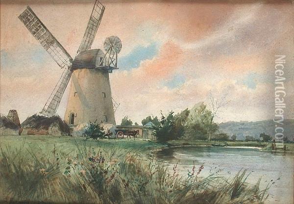 Windmill In A Rural Landscape Oil Painting - Arthur W. Forsyth