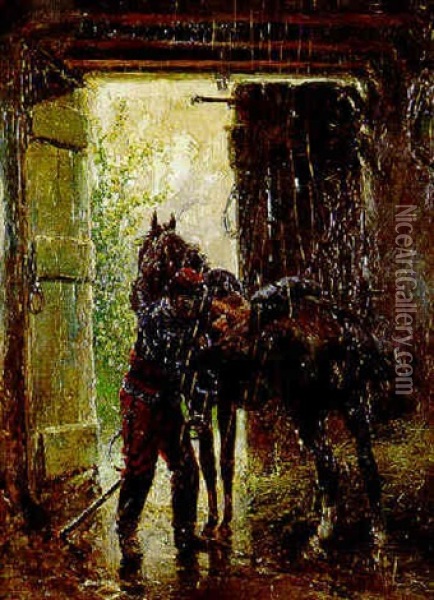Infantry Man Preparing To Mount His Horse Oil Painting - Hermanus Willem Koekkoek