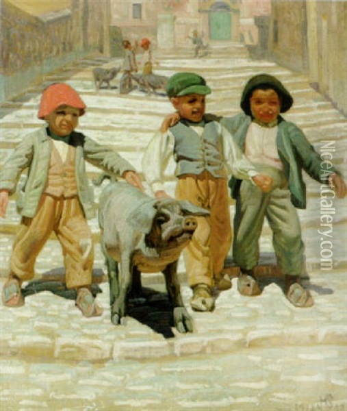 Sizilianische Dorfstrase Mit Besonnter Treppe Oil Painting - Knud Sinding