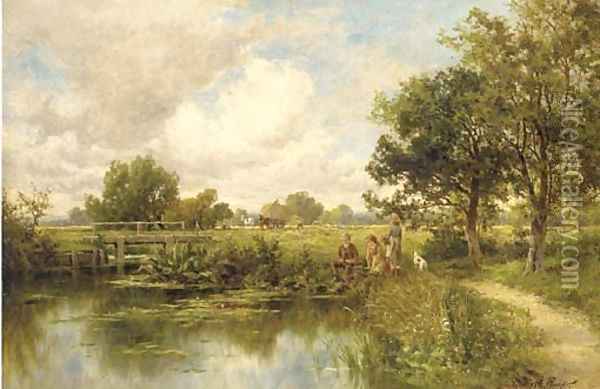 A fishing party, with haymakers beyond Oil Painting - Henry Hillier Parker