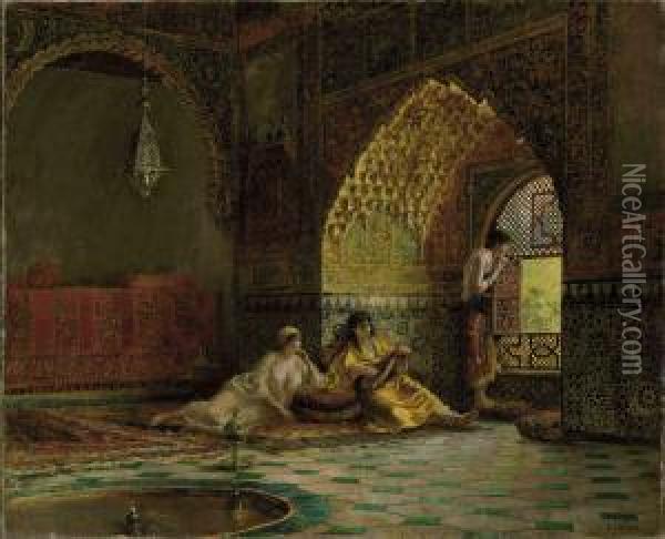 Study For Interior Of La Torre Des Infantas, Illustrating The Legend Of The Three Moorish Princesses In Washington Irving's 'the Alhambra' Signed 'e L Weeks' Oil Painting - Edwin Lord Weeks