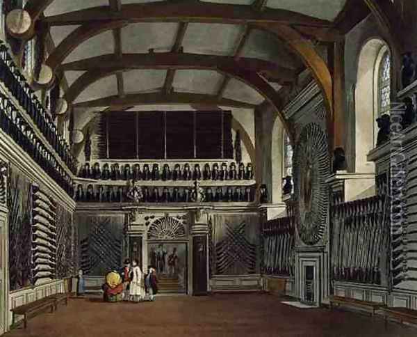 The Old Guard Chamber, The Round Tower, Windsor Castle, from Royal Residences, engraved by Thomas Sutherland b.1785, pub. by William Henry Pyne 1769-1843, 1818 Oil Painting - James Stephanoff