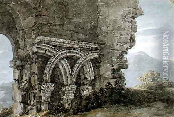 Saxon capitals in the walls of the church of the Hospice of St James Dunwich Suffolk Oil Painting - Thomas Hearne