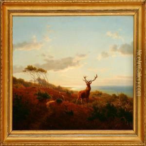 A Hilly Landscape With A Reddeer Oil Painting - Carl Henrik Bogh