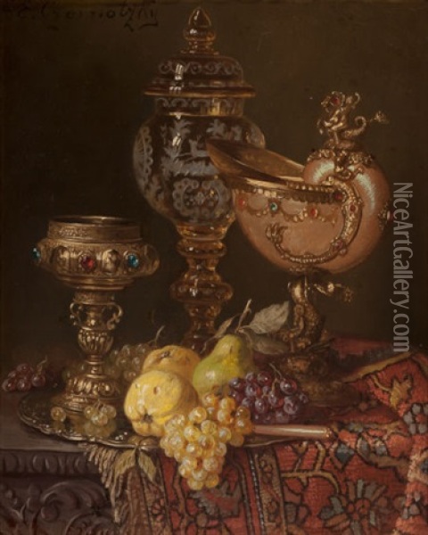 Still Life With Shell Goblet, Fruit And Antiques Oil Painting - Ernst Czernotzky